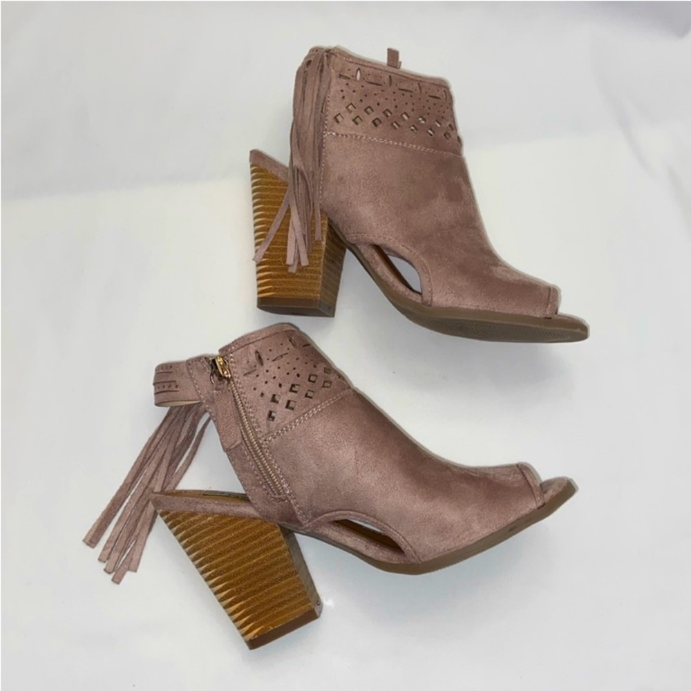 Taupe peep toe booties with fringe detail.  8.5M